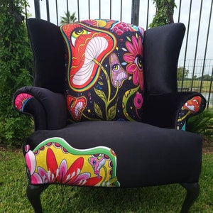 Sold Wingback chair upholstered in psychedelic, magic mushroom print and black velvet