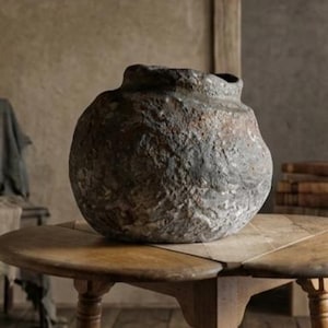 SOLD Large Wabi Sabi Stone Vessel – Hand Sculpted Paper Mache Sculpture, Organic Raw Edge Vase