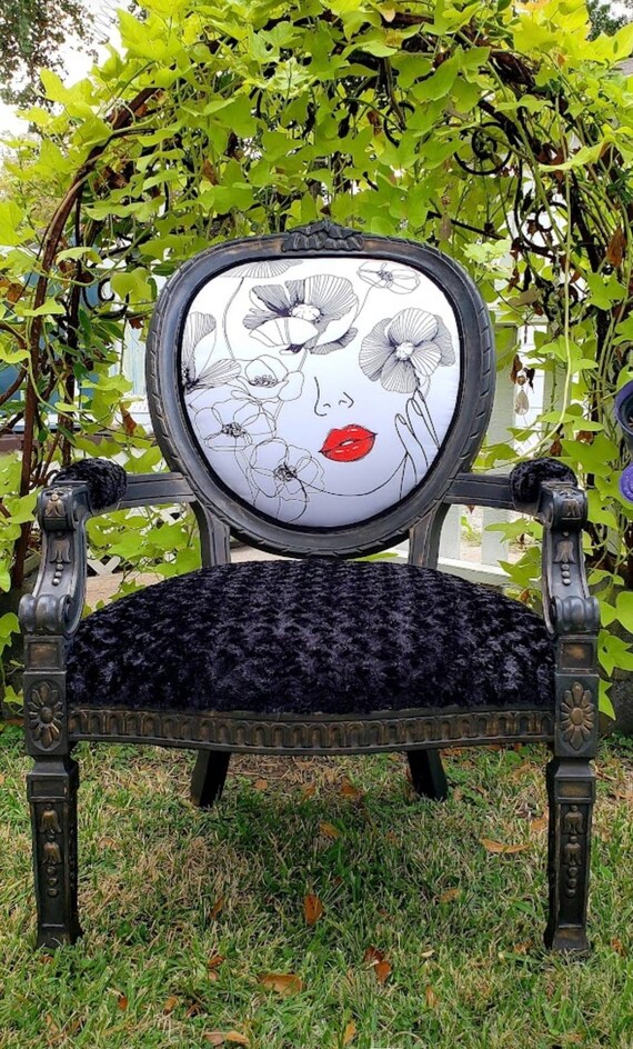 SOLD Antique Accent Chair Floral Girl Black and White Red Lips Etsy