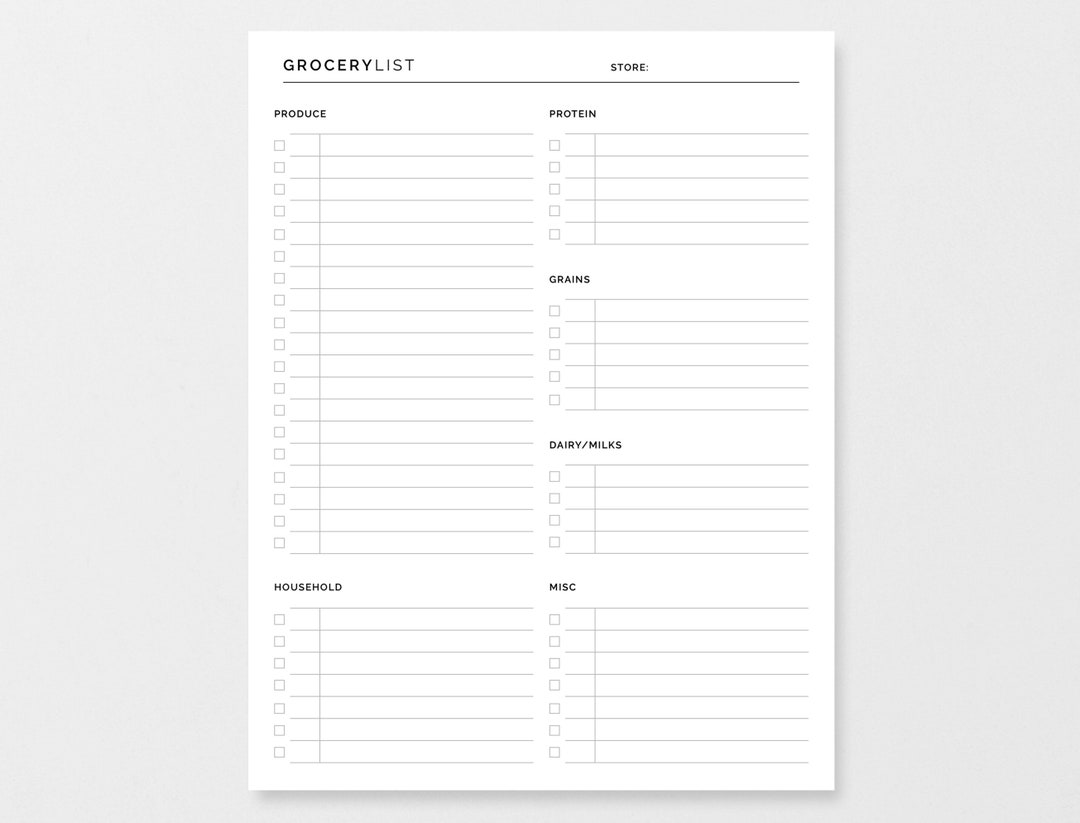 Minimal Blank Printable Grocery Shopping List - Etsy