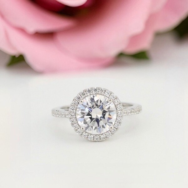 1.25 Carat Round Created Diamond Halo Engagement Ring, Promise Ring, Anniversary Art Deco Ring, Vintage Wedding Ring, Silver Diamond Ring
