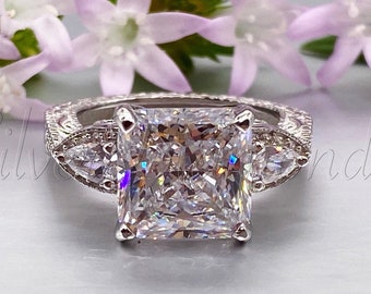 4 Carat Princess Cut Created Diamond Three Stone Art Deco Ring Engagement Wedding Promise Anniversary 925 Sterling Silver