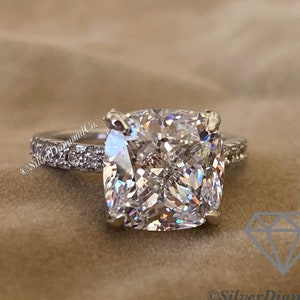 5 Carat Cushion Created Diamond Engagement Ring, Promise Ring, Anniversary Ring, Art Deco Ring, Vintage Wedding Ring, Silver Diamond Ring