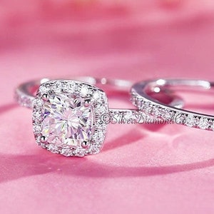 1.25Ct Round Lab Created Diamond Halo Engagement Ring Set Art Deco Wedding Ring Set 925 Sterling Silver Bridal Ring Set