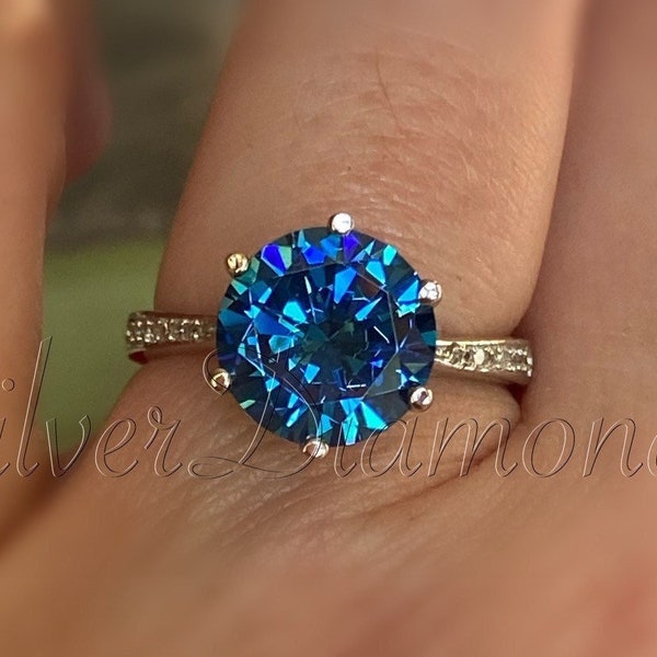 3 Carat Round Cut Created Fancy Blue Diamond Ring Engagement Wedding Promise Anniversary 925 Sterling Silver