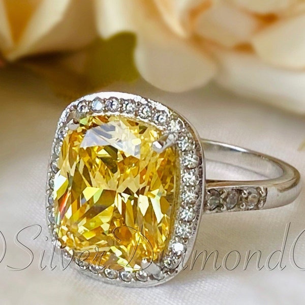 6 Ct Cushion Created Yellow Diamond Ring, Canary Yellow Diamond Ring, Halo Fancy Yellow Diamond Statement Ring, 925 Sterling Silver-Gift Box