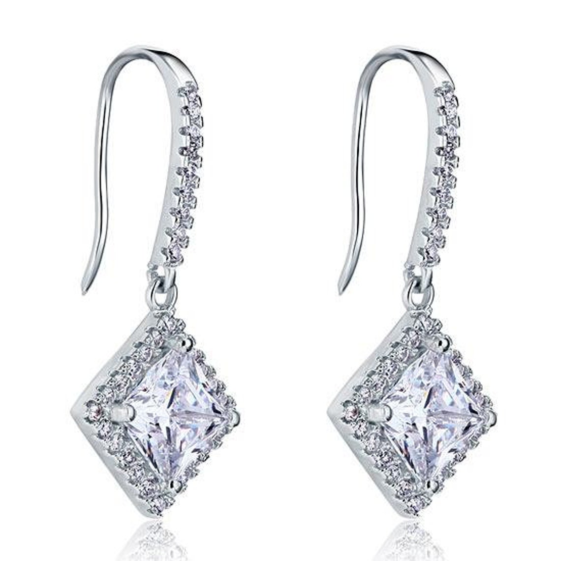 3 Carat Princess Cut Lab Created Diamond Dangle Drop Earrings Etsy