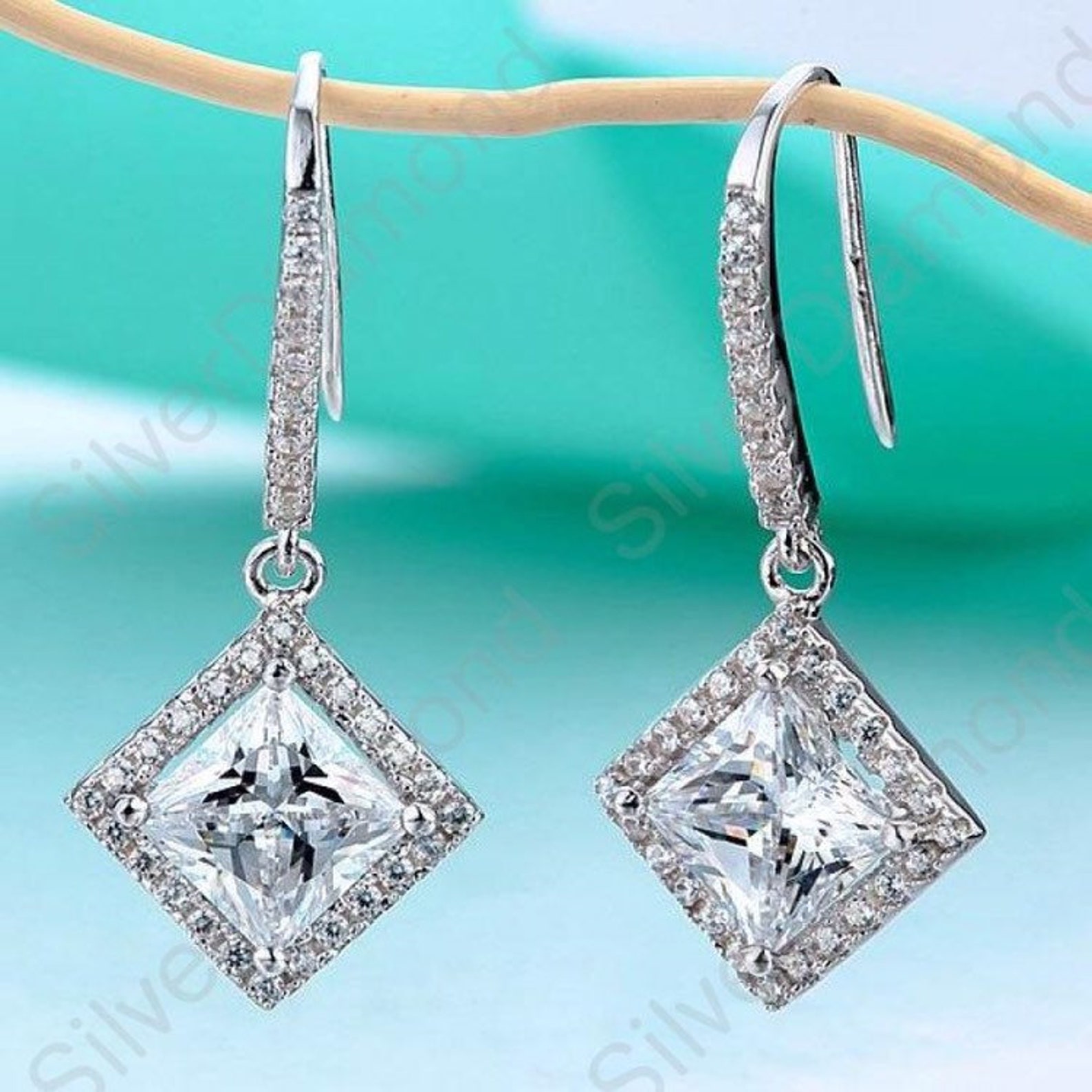 3 Carat Princess Cut Lab Created Diamond Dangle Drop Earrings Etsy