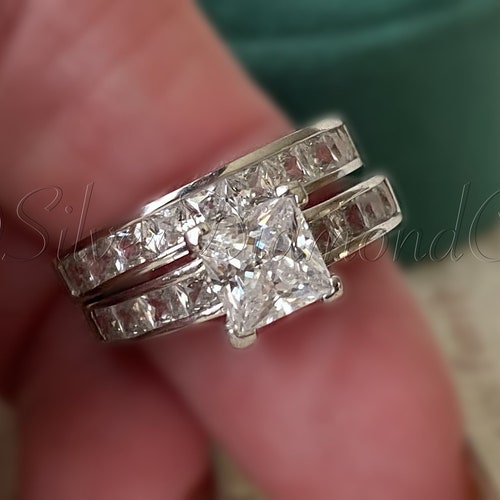 1 Ct Princess Created Diamond Ring Set, Square Wedding Ring Set, Created Diamond Bridal Ring shops Set, Channel Diamond Band Ring Set, Baguette