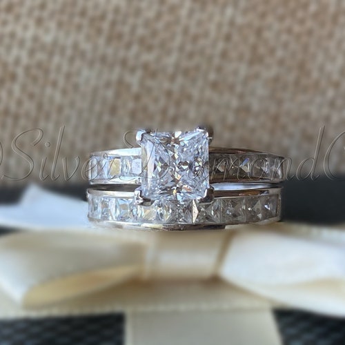 1 Ct Princess Created Diamond Ring Set, Square Wedding Ring Set, Created Diamond Bridal Ring shops Set, Channel Diamond Band Ring Set, Baguette