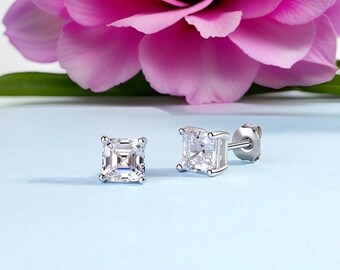 Asscher Cut Diamond Earrings 1 Carat Lab Created Diamond Stud Earrings 6mm Diamond Earrings White Gold Vermeil Gift for her