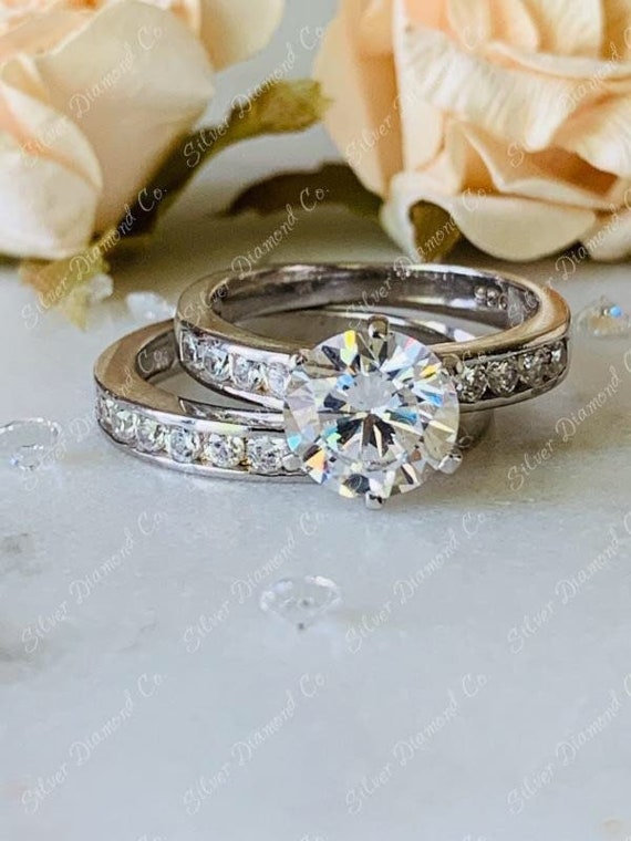 1 Carat Round Cut 2-pc Wedding Engagement Ring Set 925 Sterling