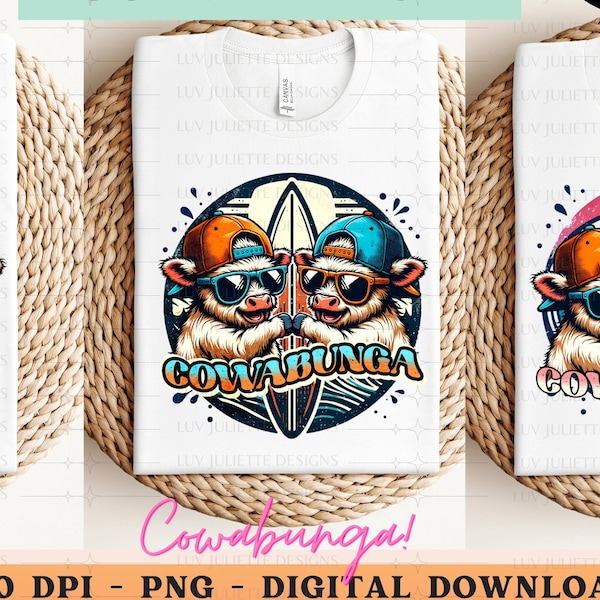 Cowabunga Cow Surf, Waves, Summer Sublimation PNG, Summer Saying, Retro Sublim PNG, Summer Tshirt png, Surfing, Waves, Cow Summer Graphic