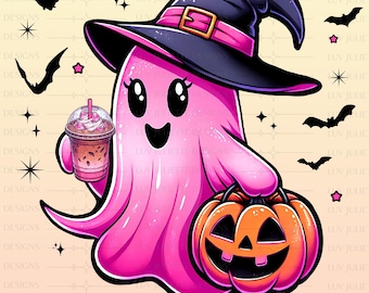 Fantasma de coqueta rosa png, fantasma de café helado, Halloween femenino png, fantasma boujie png, fantasma bougie, fantasma lindo boo png, sublimación de otoño