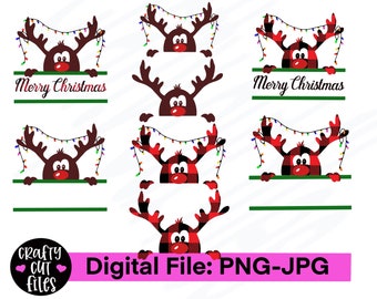 Peek-a-boo Reindeer with and without Christmas lights. Custom name format and Merry Christmas bundle. 300 dpi sublimation png designs.