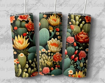 Cactus Flower Tumbler Wrap: 3D Texture Sublimation Design (PNG)