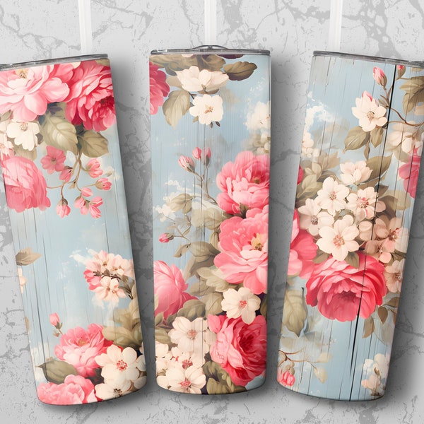 Shabby Chic Pink Teal Floral Tumbler wrap design, sublimation png, instant download, 300 dpi, sublimation designs, commercial use, rustic