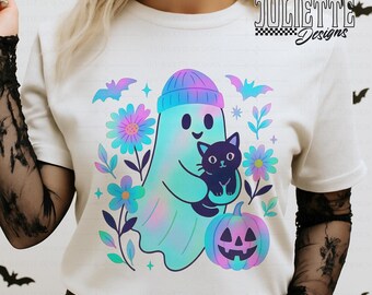 retro Iridescent Disco Ghost PNG: Fall Halloween Design - Holographic ghost, Floral, Fall, Cute Ghost Halloween, Cat ghost png