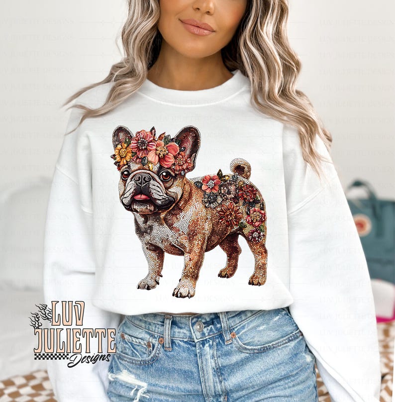 Puede incluir: Sudadera blanca con un estampado floral de un bulldog franc&eacute;s con una corona de flores. La sudadera tiene cuello redondo y mangas largas.