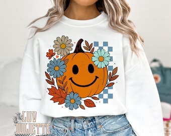 Smile Pumpkin Fall PNG: Boho Floral Autumn Design (Digital Download)