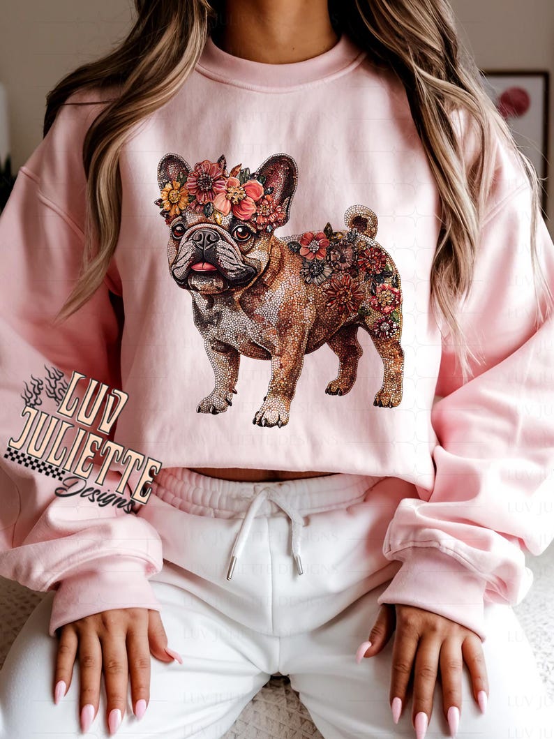 Puede incluir: Una sudadera rosa con un dise&ntilde;o floral de un bulldog franc&eacute;s. El bulldog lleva una corona de flores. La sudadera tiene el texto "Luv Juliette Designs" en la esquina inferior izquierda.