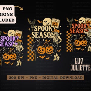 May include: Halloween-themed digital design featuring a skeleton cowgirl holding pumpkin-shaped cherries, with the text "Spooky Season." Includes bats, ghosts, and a checkerboard pattern. The design is available in 3 PNG formats.