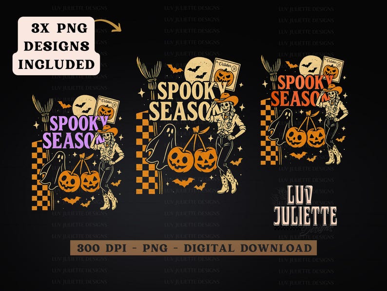 May include: Halloween-themed digital design featuring a skeleton cowgirl holding pumpkin-shaped cherries, with the text "Spooky Season." Includes bats, ghosts, and a checkerboard pattern. The design is available in 3 PNG formats.