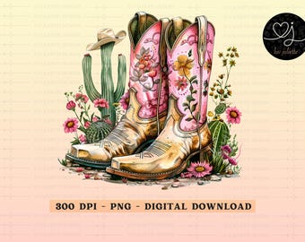 Pink Cowgirl Boots PNG: Cactus Flower Clipart (Digital Download)