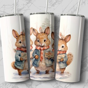 Woodland Christmas Caroling Rabbit Tumbler Wrap Design, Sublimation Png, sofortiger Download, 300 dpi, Sublimationsdesigns, kommerzielle Nutzung,