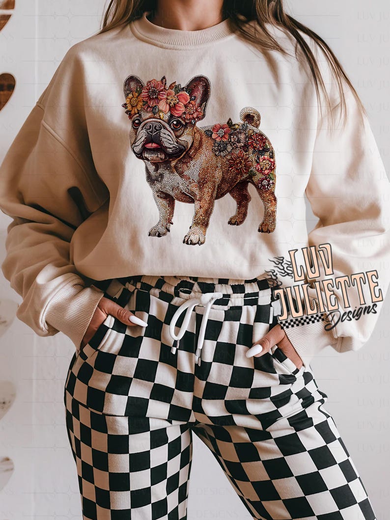 Puede incluir: Una sudadera beige con un dise&ntilde;o floral de un bulldog franc&eacute;s con una corona de flores. La sudadera la lleva puesta una persona que lleva pantalones de cuadros negros y blancos.