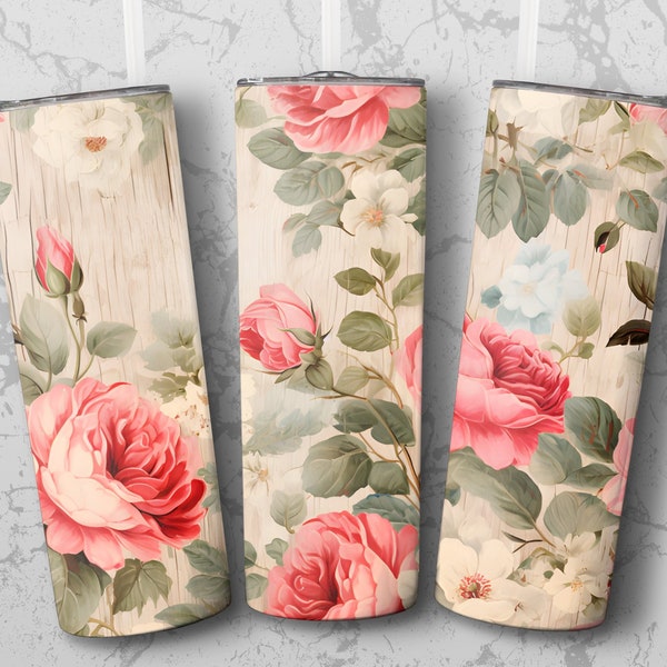 Shabby Chic rustic floral seamless Tumbler wrap design, sublimation png, instant download, 300 dpi, sublimation designs, commercial use,