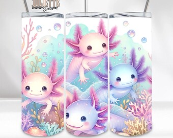 Cute Kawaii Axolotl Tumbler Wrap, Axolotl PNG, 20oz Skinny Tumbler Sublimation Design PNG, Axolotl Tumbler Wrap, Pastel Axolotl Tumbler