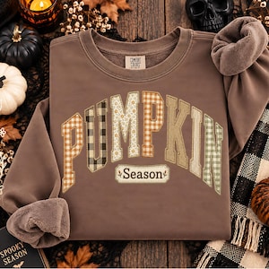 Könnte beinhalten: Ein braunes Langarm-Sweatshirt mit dem Wort PUMPKIN in großen, gemusterten Stoffbuchstaben im Karo-, Blumen- und Streifendesign. Unter dem Wort befindet sich ein rechteckiger Aufnäher mit dem Text Season und kleinen Blattsymbolen.