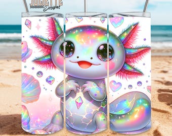 Kawaii Axolotl Tumbler Wrap, Cute Axolotl png, 20oz Skinny Tumbler wrap, Iridescent tumbler, Colorful Kawaii png, Holographic Tumbler wrap
