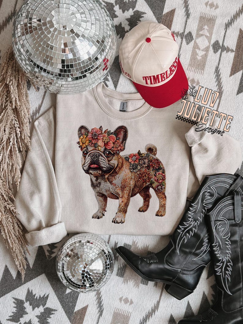 Puede incluir: Una sudadera beige con un dise&ntilde;o de bulldog franc&eacute;s con estampado floral. La sudadera est&aacute; sobre una alfombra estampada con una bola de discoteca y botas de vaquero.