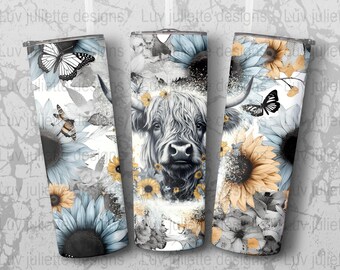 Highland cow yellow blue sunflowers 20oz Tumbler wrap design, sublimation png, instant download, sublimation designs, commercial use, rustic