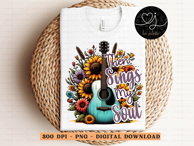 Pu&ograve; includere: Un download digitale di un design grafico con una chitarra acustica blu con accenti floreali e il testo "Then Sings My Soul".