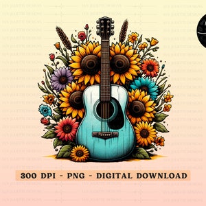Sunflower Guitar PNG: Western Country Design (Digital Download)