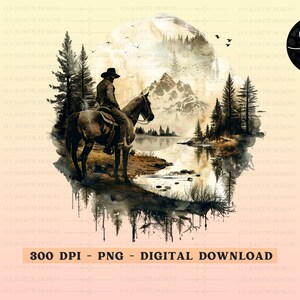 May include: A watercolor illustration of a cowboy riding a horse through a mountain landscape. The scene is framed by a circle with a watercolor effect, and the background is a soft peach color.