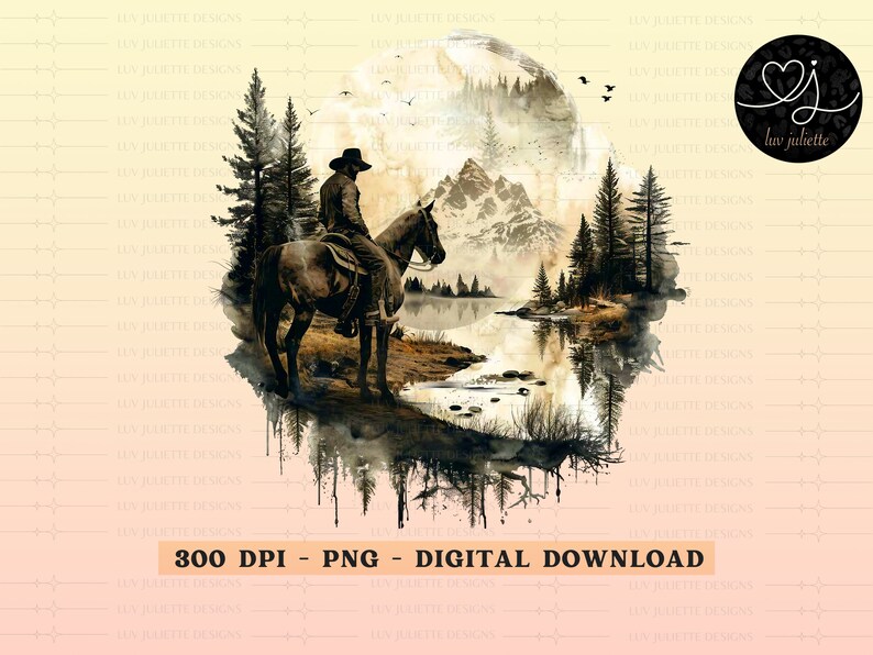 May include: A watercolor illustration of a cowboy riding a horse through a mountain landscape. The scene is framed by a circle with a watercolor effect, and the background is a soft peach color.