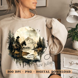 May include: A digital illustration of a cowboy riding a horse in front of a mountain landscape with a full moon. The image is in a watercolor style with a muted color palette of browns, greens, and blues.