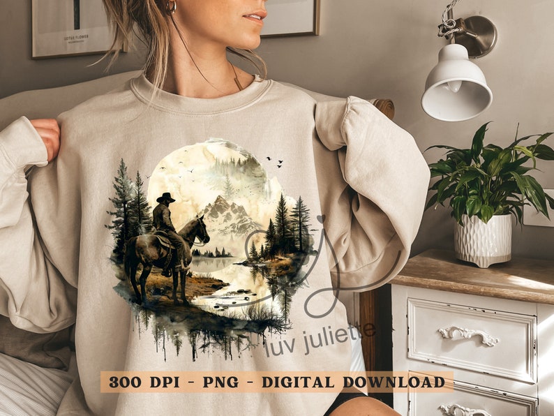 May include: A digital illustration of a cowboy riding a horse in front of a mountain landscape with a full moon. The image is in a watercolor style with a muted color palette of browns, greens, and blues.