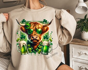 St. Patrick's Day Highland Cow PNG: Shamrock, Funny Drinking Design (Digital Download)