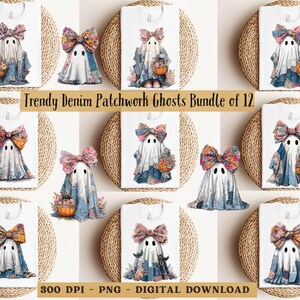 May include: White t-shirts featuring watercolor ghost designs with denim patchwork clothing and large floral bows. Each ghost holds a pumpkin or flowers. The text "Trendy Denim Patchwork Ghosts Bundle of 12" is displayed.