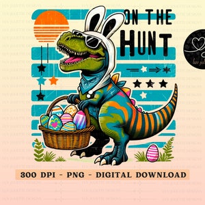 Dinosaur T Rex Easter PNG, Retro Easter png, Funny Easter png, Cute Sublimation, Dinosaur png, Bunny ears PNG, Boys and girls shirt design image 1