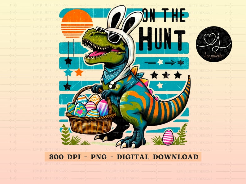 Dinosaur T Rex Easter PNG, Retro Easter png, Funny Easter png, Cute Sublimation, Dinosaur png, Bunny ears PNG, Boys and girls shirt design image 1