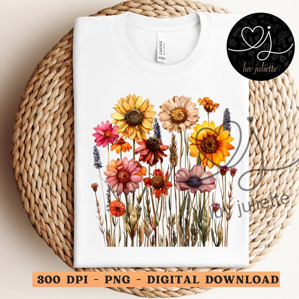 Cottagecore Wildflower PNG, Flower sublimation, Sunflower sublimation, Dried Wildflower PNG, Retro Shirt Graphic, Boho shirt png, tshirt png