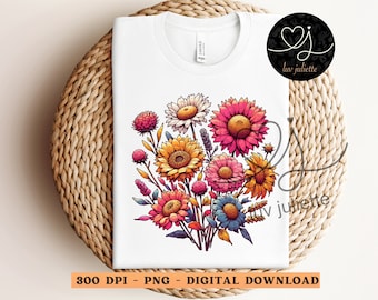 Cottagecore Zonnebloem PNG, Boho Flower sublimatie, cottage cor png, Wildflowers PNG, Retro Shirt Graphic, Boho tshirt Design, DTG-bestand