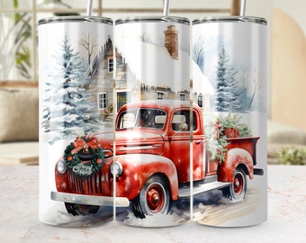 Red Vintage Truck Cottage Snow Christmas Tumbler wrap design, sublimation png, instant download, 300 dpi, sublimation designs, Christmas png