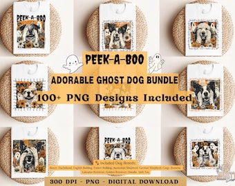 Pacchetto PNG di cani fantasma Peekaboo/ Disegni di magliette per cani di Halloween/ Clipart di cuccioli di Halloween/ PNG di cani Boho/ Pacchetto di sublimazione di cani di Halloween/